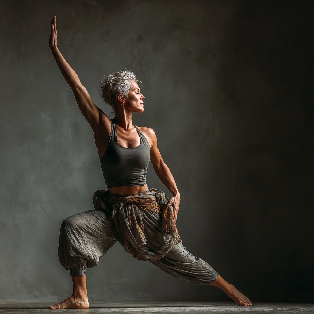 Жінка 52 роки у процесі виконання динамічної послідовності віньяса йоги, її рухи плавні та граціозні