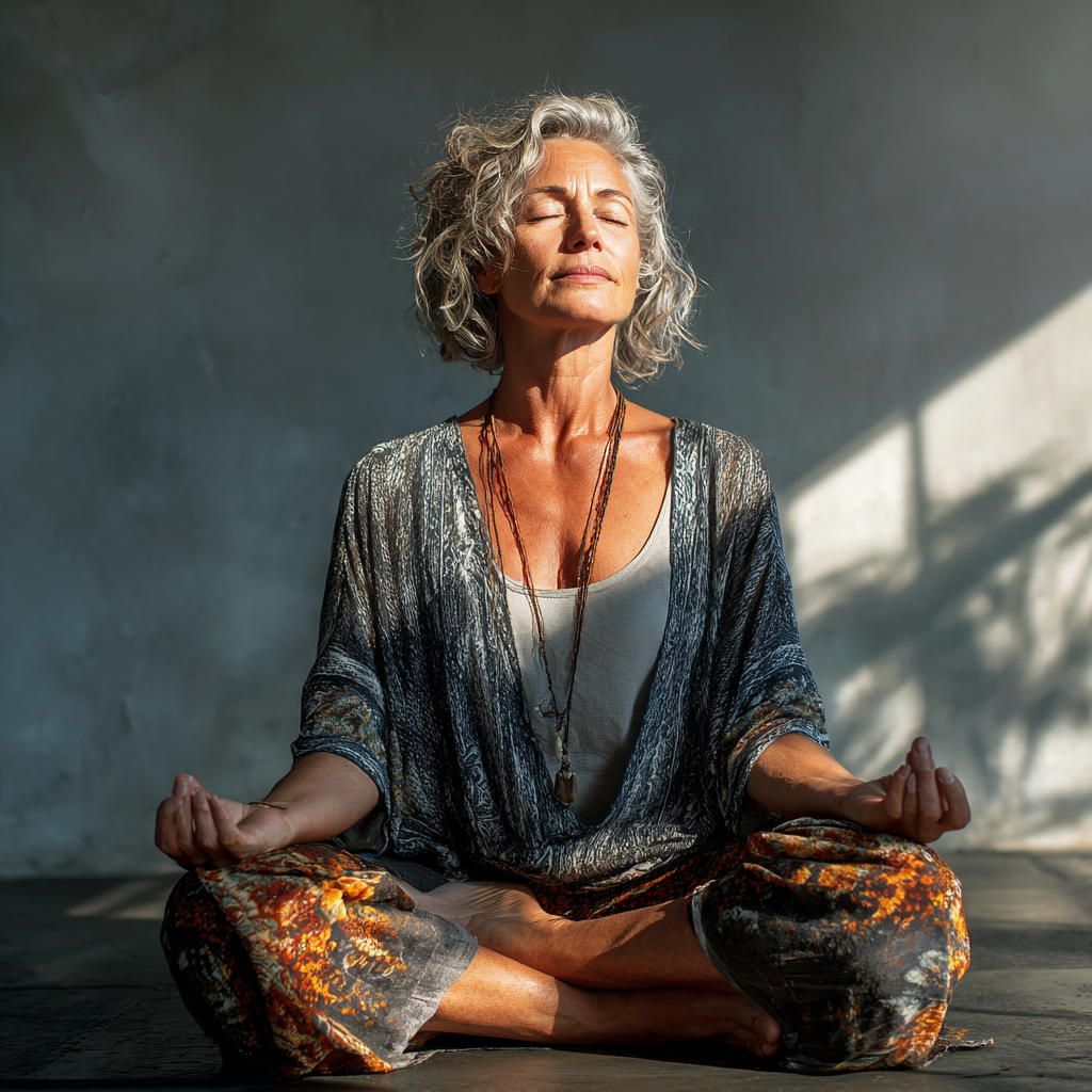 Жінка 55 років виконує асану лотосу в світлій студії, її обличчя випромінює спокій та внутрішню гармонію