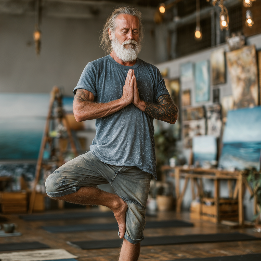 Чоловік 58 років виконує позу дерева в йога-студії, демонструючи баланс та зосередженість
