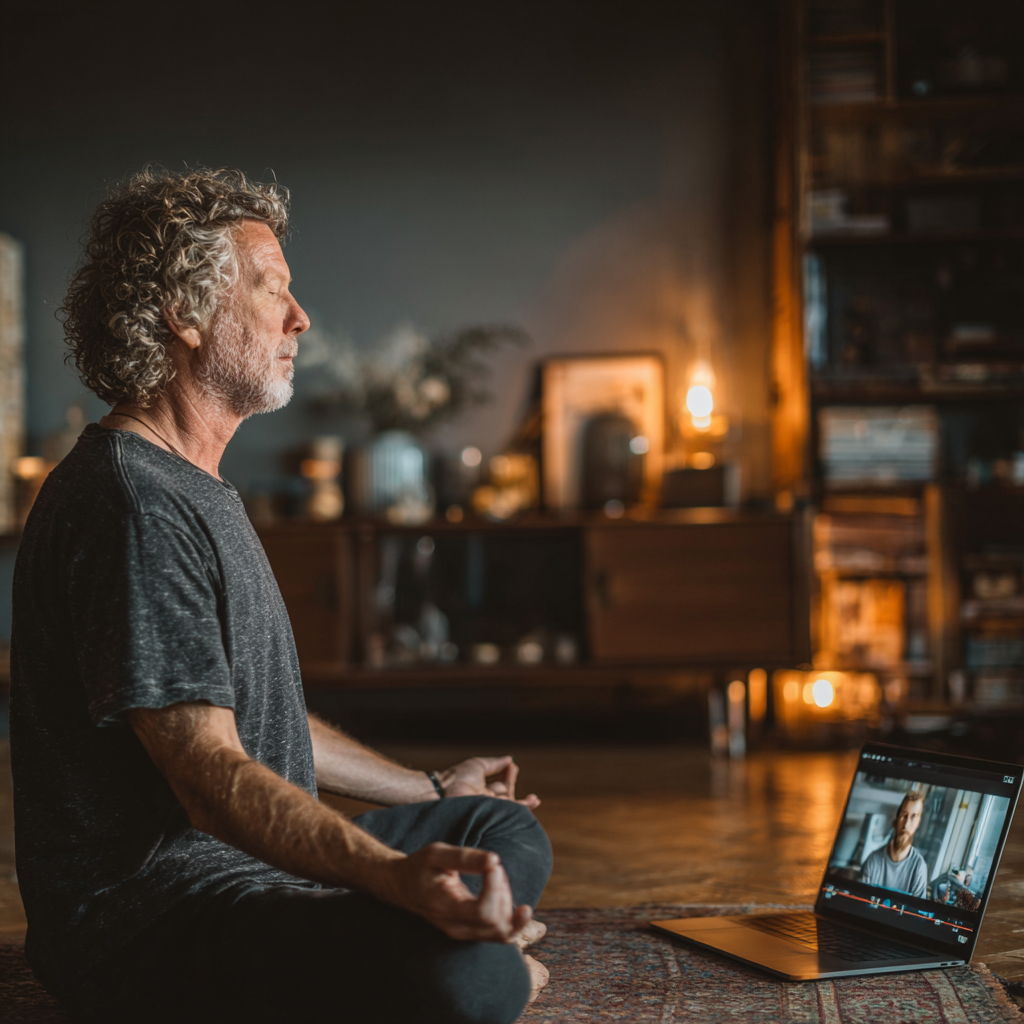 Чоловік 60 років займається йогою вдома перед ноутбуком, на екрані якого видно онлайн-заняття з інструктором